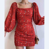 Women's V-neck Open Back Print Long Sleeve Dress