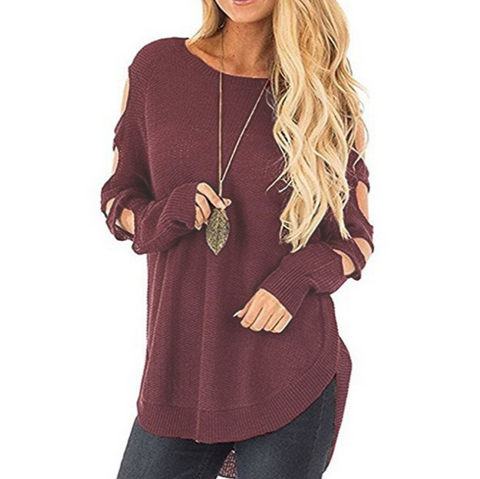 Long Sleeve Knit Round Neck Off-The-Shoulder Sweater