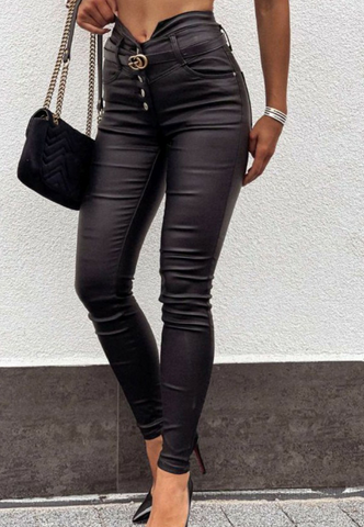 Solid Color Button Black Tight Pants