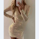 V-Neck Sexy Long Sleeve Sequin Dress