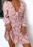 Slim V-Neck Bowknot Printed High Waist Long Sleeve Dress