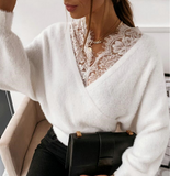 Women Lace Stitching Long Sleeve Sweater