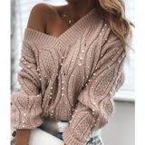 Solid Color Women'S V-Neck Long Sleeve Knitted Sweater