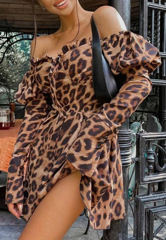 Fashion Sexy Leopard Print Puff Sleeve Dress