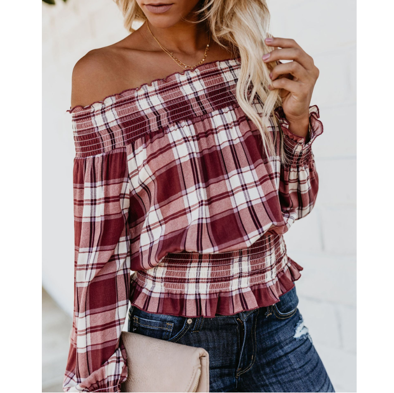 One Shoulder Plaid Print Bodycon Tops