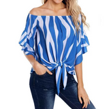 Chiffon Off the Shoulder Blue and White Striped Shirt