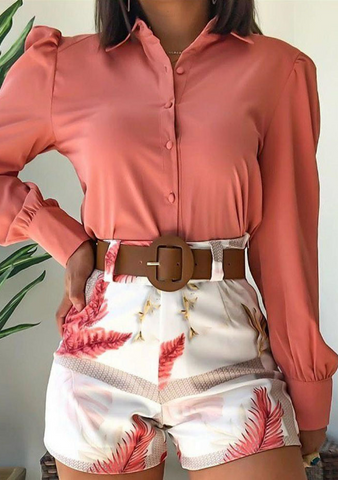 Fashion Casual Solid Color Long Sleeve Printed Shorts Two Piece Suit
