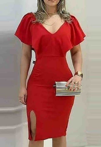 Red Fashion Sexy V-neck Slit Dress