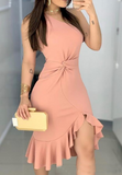 Solid Color Fashion Women'S Pink One-Shoulder Sleeveless Dress