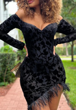 Black V-Neck Slim Long-Sleeved Dress