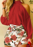 Off-The-Shoulder Floral Long-Sleeve Chiffon Print Two-Piece Suit