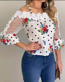 Printed Mesh Splicing Lace Top