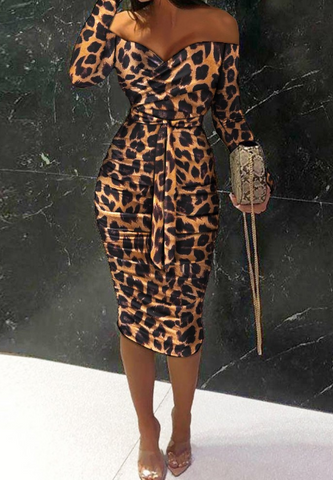 Casual Wrap Chest Leopard Print Long Sleeve Dress