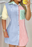Short-Sleeve Fashion Colorblock Printed Button Dress