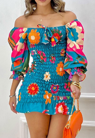 Design Shoulder Cut Long Sleeve Floral Dress