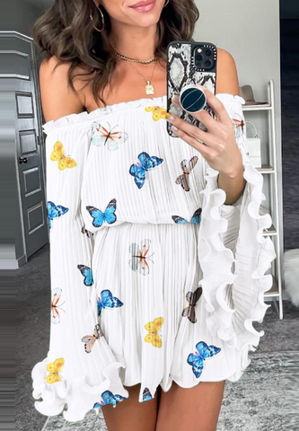 Women's White Butterfly Print Off-Shoulder Long Sleeve Dress