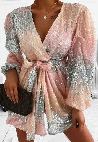 Sexy Sequined V-Neck Long Sleeve Dress