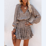 Long Sleeve Ruffled Leopard Print Dress