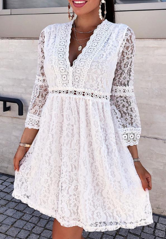 V-Neck Solid Color Lace Panel Loose Long Sleeve Dress