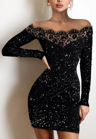 Fashion Black Off-The-Shoulder Sequin Lace Skinny Long Sleeve Dress