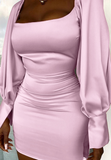 Solid Color Puff Sleeves Slim Elegant Long Sleeve Hip Pack Dress