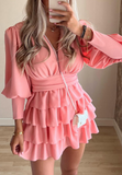 V-Neck Women Pink Long-Sleeved Dress