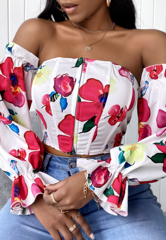 Casual White Floral Long Sleeve Shirt Top