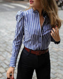 Long Sleeve Blue Striped Slim Puff Sleeve Shirt