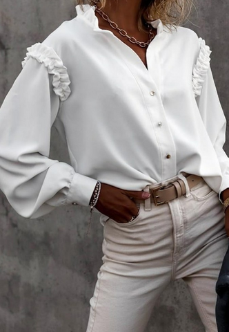Women's White Long Sleeve Fashion Solid Color Shirt