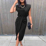 Black Solid Color Split Sleeveless Dress