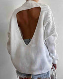 Long Sleeve Women'S Loose White Open Back Knit Sweater