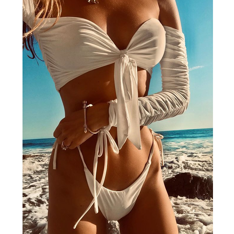 Solid Color Long Sleeve Sexy Bikini Bow Swimsuit
