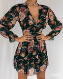 Printed Long Sleeve V-Neck Dress