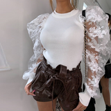 Sexy Flower Embroidery Mesh Splicing Puff Sleeves Tops