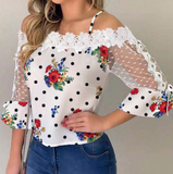 Printed Mesh Splicing Lace Top