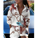 Fashion Women's Zipper Long Sleeve Print Two-piece Set