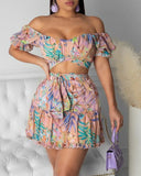 Sexy Off Shoulder Floral Print Top & Frill Hem Skirt Set