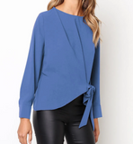 Solid Color Long Sleeve Bow Tie Blouse