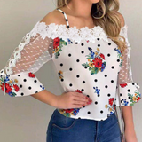 Printed Mesh Splicing Lace Top