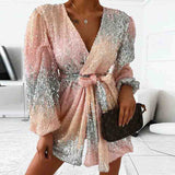 Sexy Sequined V-Neck Long Sleeve Dress