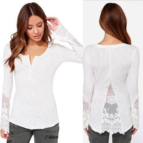 Solid Color Stitching Lace T-Shirt