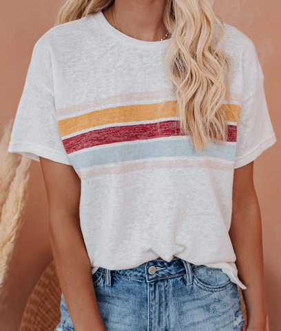 Round Neck Striped Colorblock Short-Sleeved T-Shirt