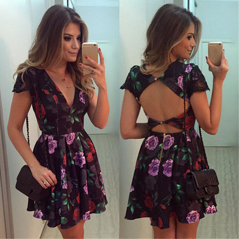 Sexy backless Printed short-sleeved dress – wensoal
