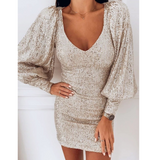 Sexy Puff Sleeve Deep V-neck Sequin Dress