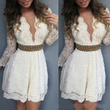 Solid color long-sleeved V-neck lace dress