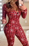 Women's Red Plaid Printed Long Sleeve Skinny Jumpsuit