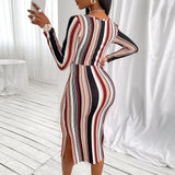 V-Neck Striped Print High Waist Long Sleeve Dress