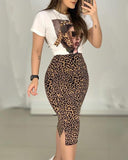 Sexy Casual Leopard Print Short Sleeve Two-Piece Suit