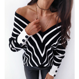 Striped V-Neck Strapless Long Sleeve Sweater