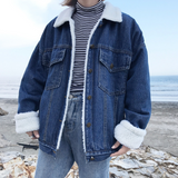 Winter Vintage Denim Jacket Women Thicken Lamb Fur Warm Fleece Jeans Womens Jackets Coat Boyfriend Windbreaker Parka Casaco